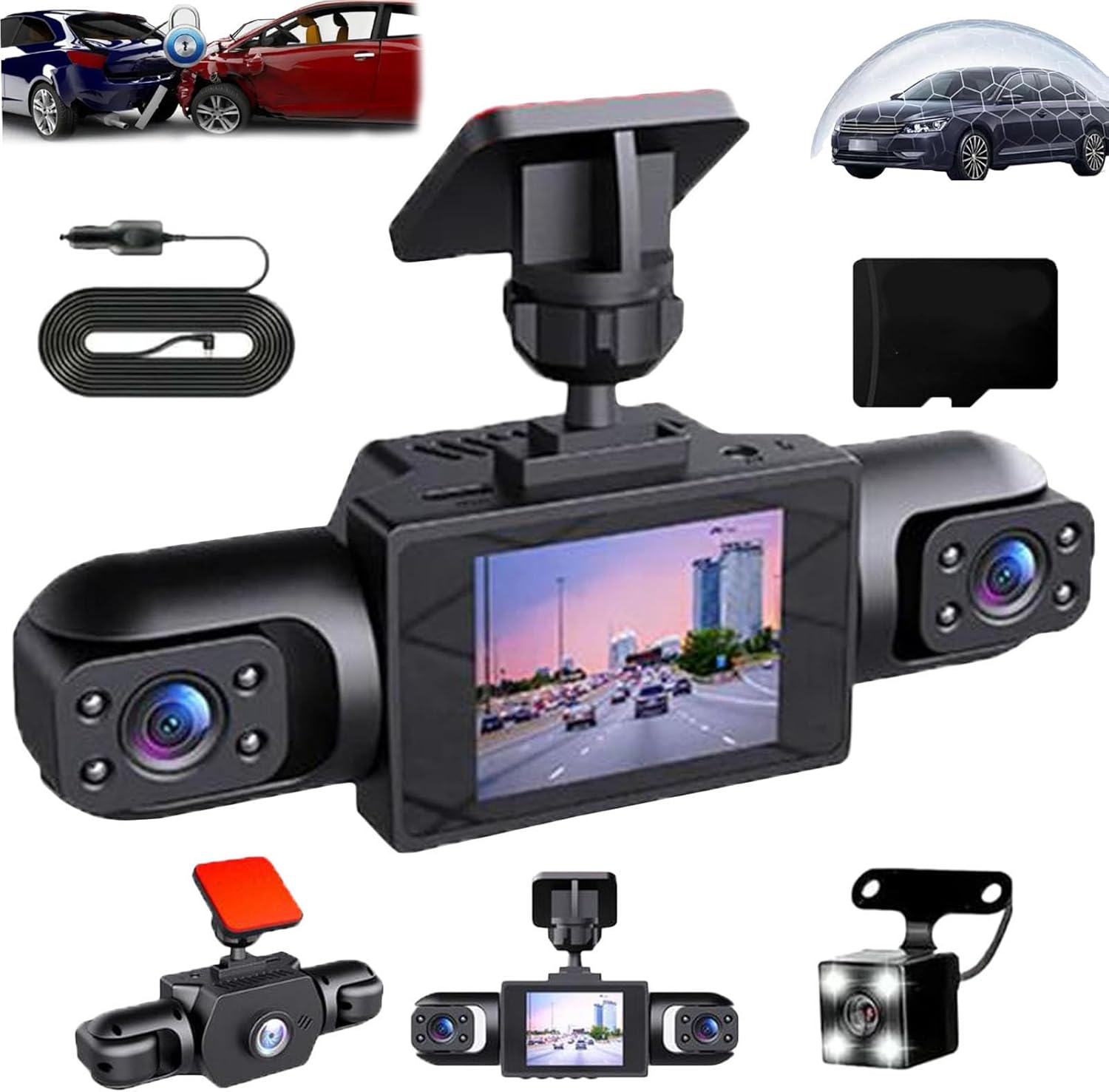 Completely Wireless Dash Cam Front and Rear No Wire, 4-Channel Full View Car Dashcam System, Rechargeable 360 1080p Dash Cam Video Recorder with Adjustable Lenses and Night Vision (Four Sides, 128)